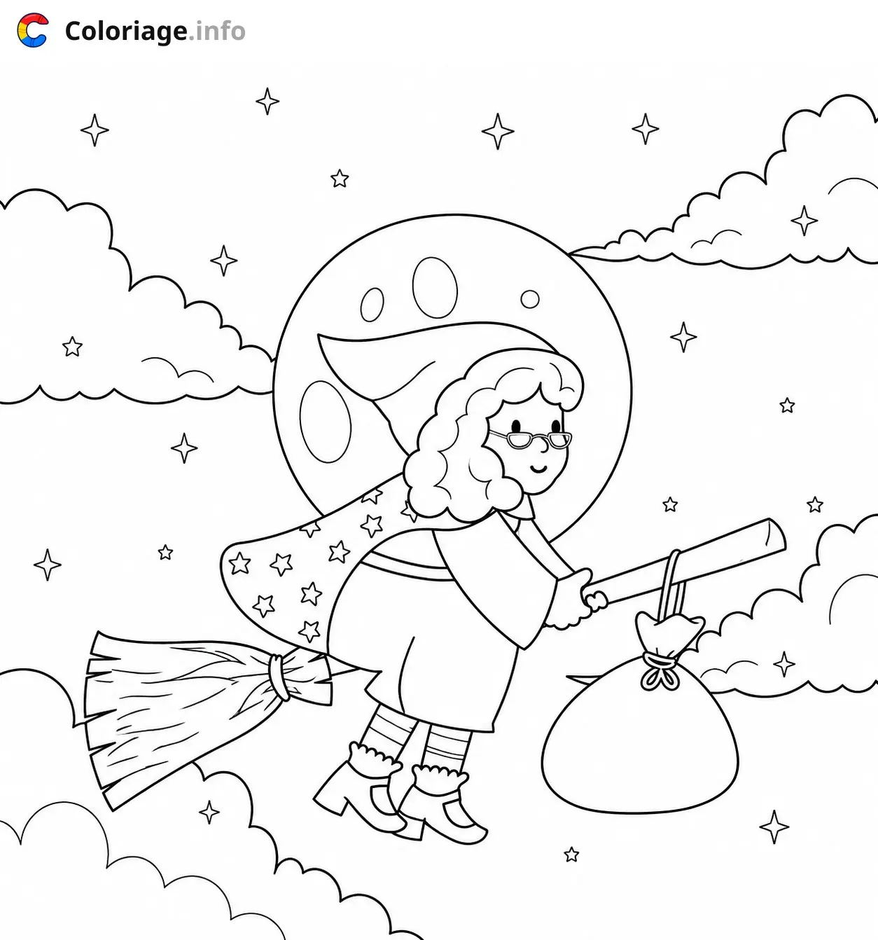 Coloriage La Befana La sorcière dans les nuages - La Befana à imprimer