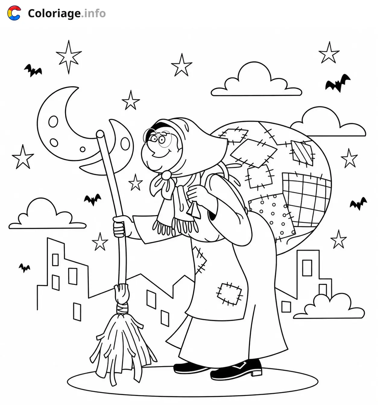 Coloriage La Befana La sorcière et son balai magique - La Befana à imprimer