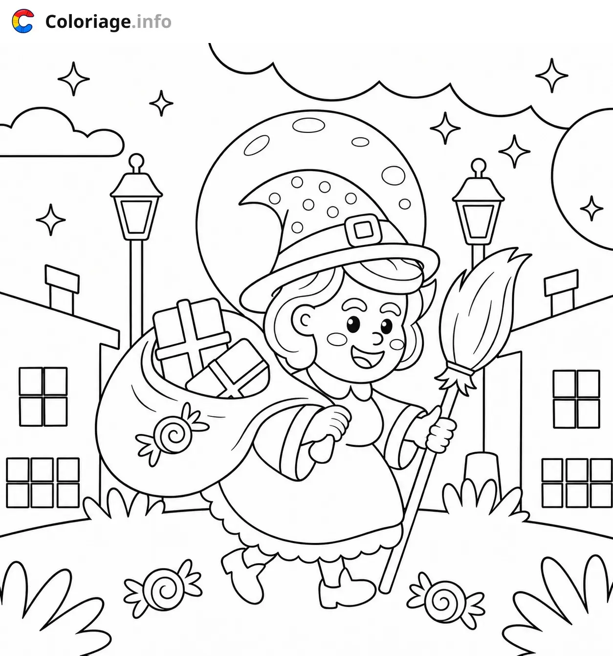 Coloriage La sorcière et ses cadeaux magiques - La Befana à imprimer