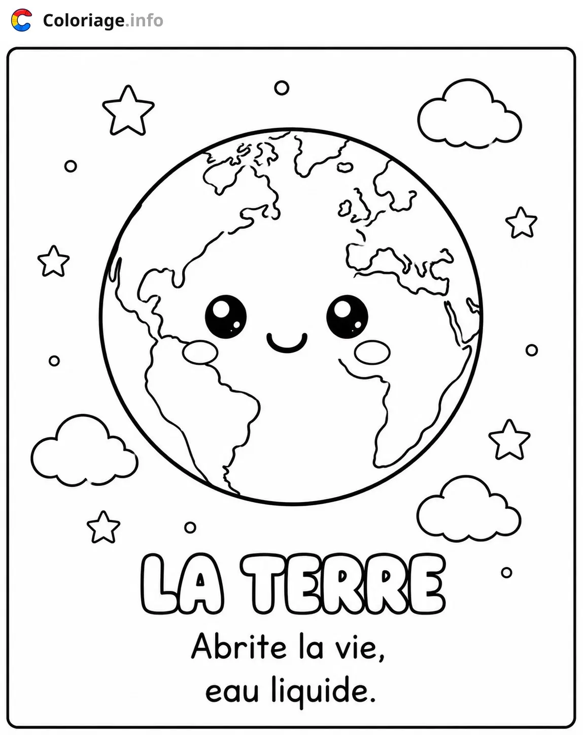 Coloriage La Terre souriante et bienveillante abrite la vie eau liquide - Planète à imprimer