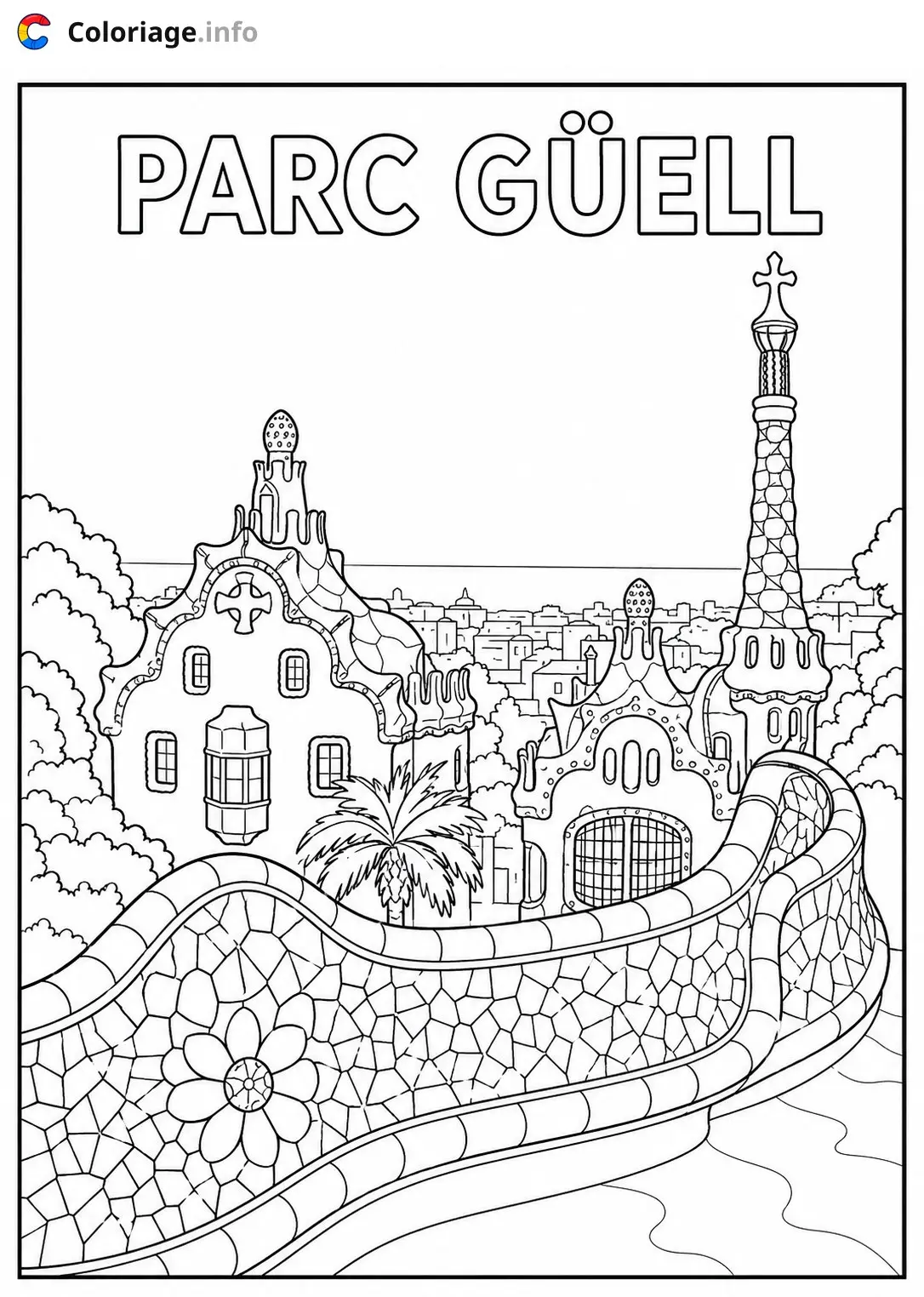Coloriage Le Parc Güell de Gaudí Espagne - Monuments à imprimer