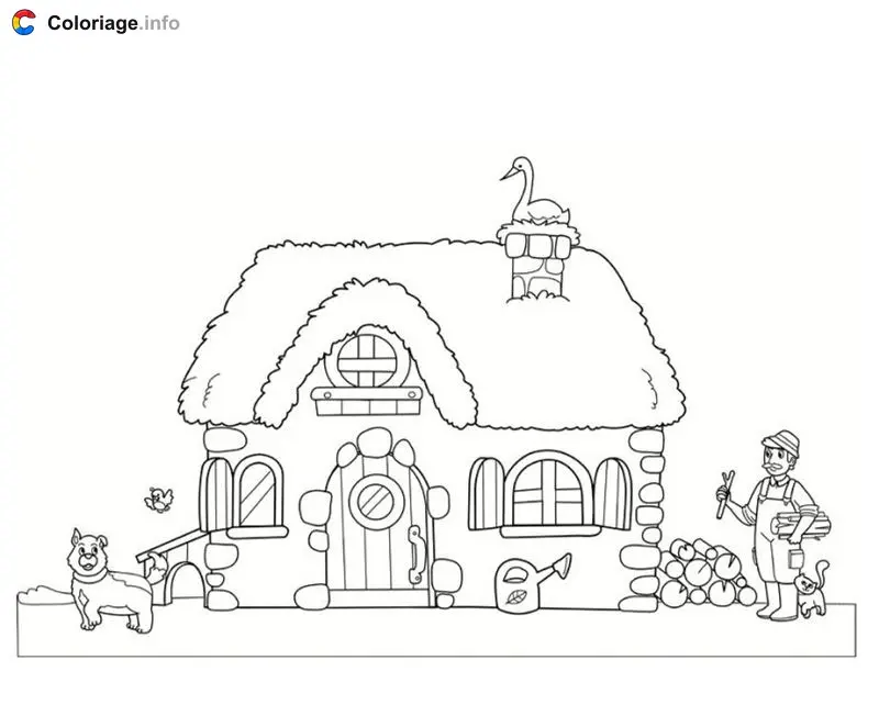 Coloriage Maison avec briques et animaux - Maison à imprimer