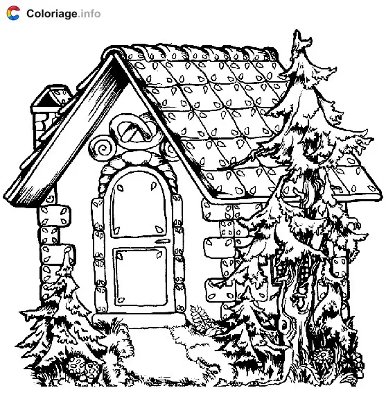 Coloriage Maison et sapins - Maison à imprimer
