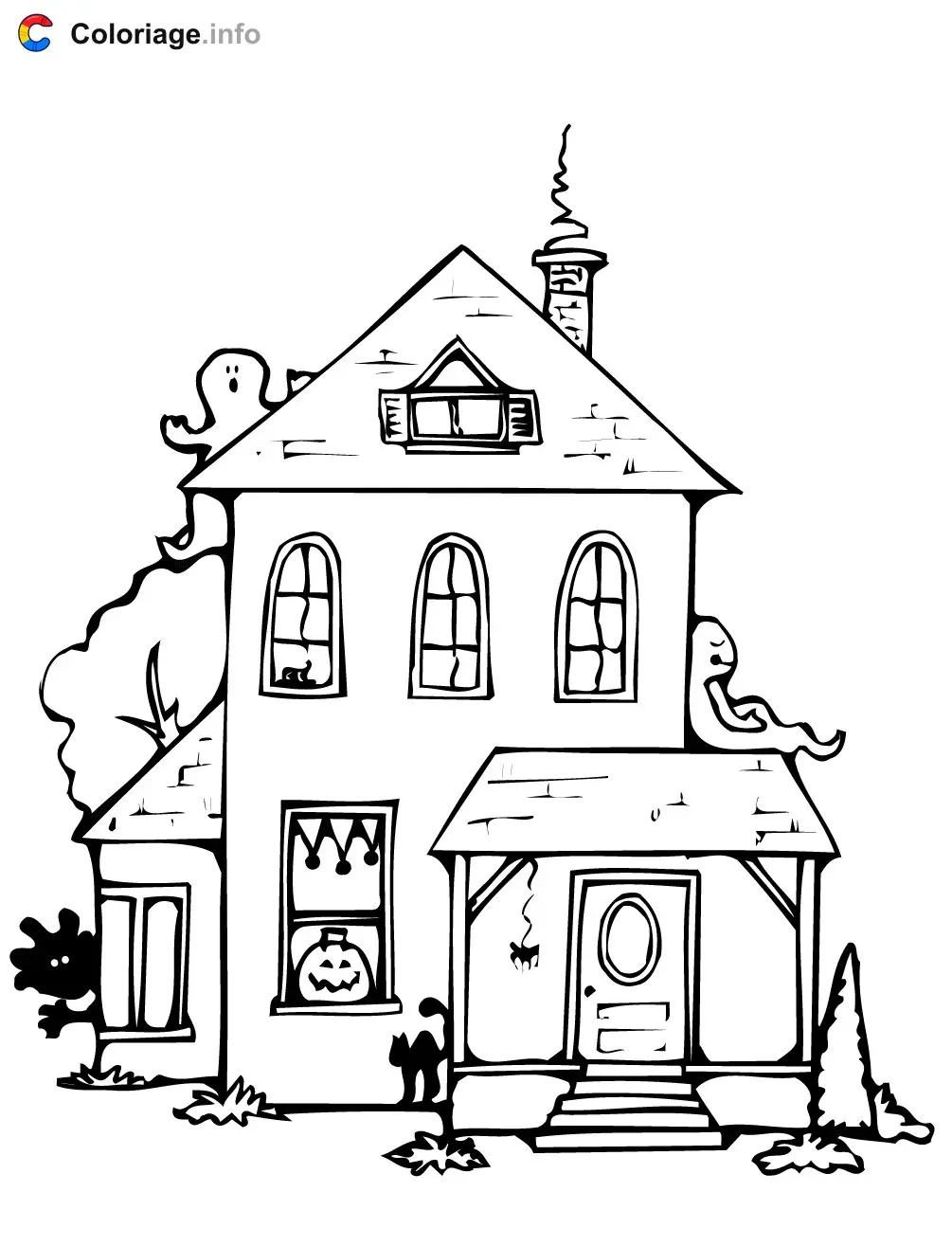 Coloriage Maison hantée Halloween avec fantômes citrouille chat - Maison à imprimer