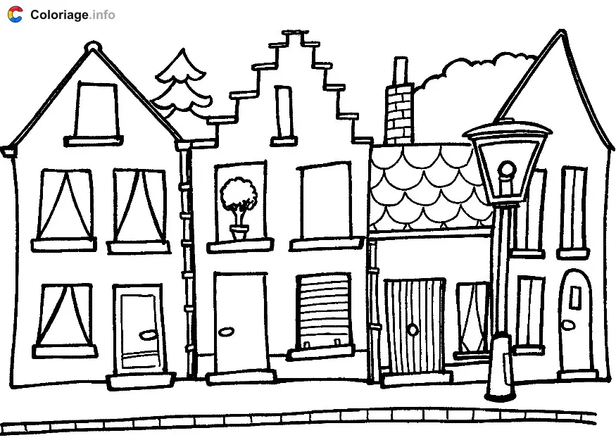 Coloriage Maisons dans une rue - Maison à imprimer