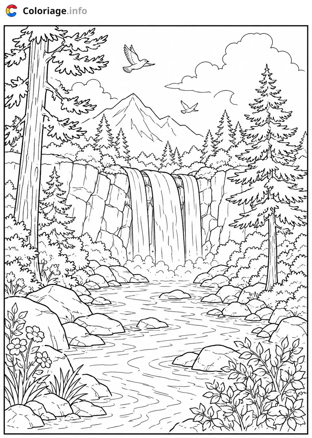 Coloriage Paysage Cascade dans la forêt de montagne - Paysage à imprimer