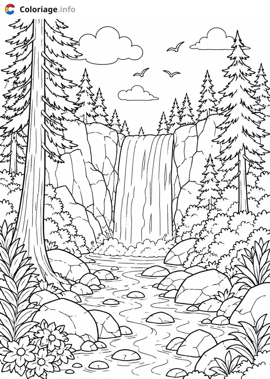 Coloriage Paysage Cascade dans la forêt de sapin - Paysage à imprimer