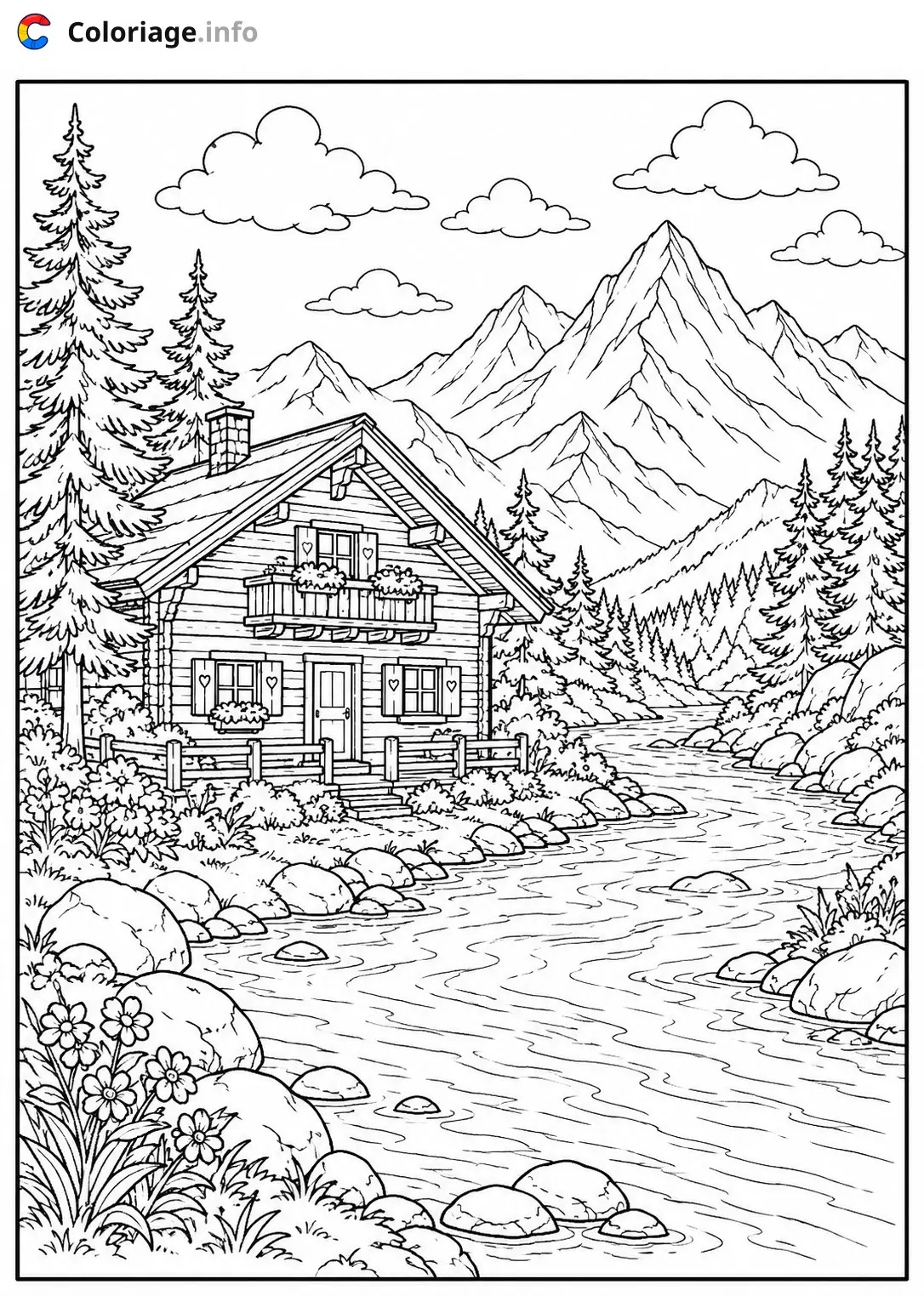 Coloriage Paysage Chalet montagne avec rivière - Paysage à imprimer