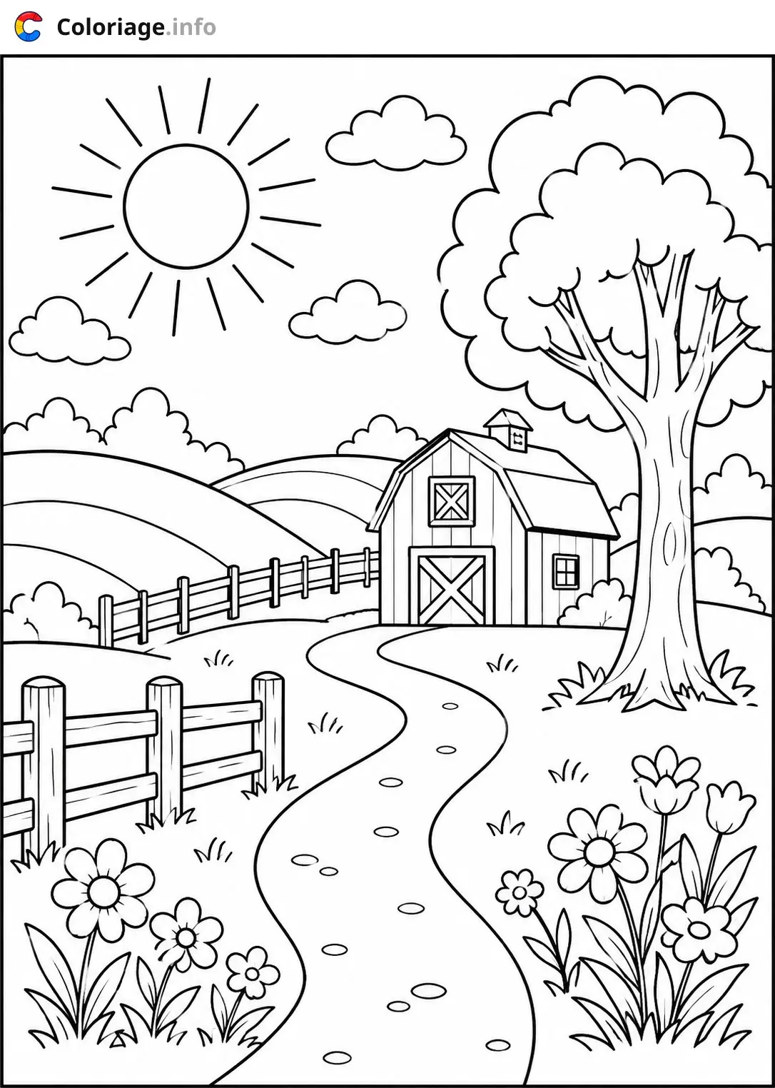 Coloriage Paysage La ferme ensoleillée à la campagne - Paysage à imprimer