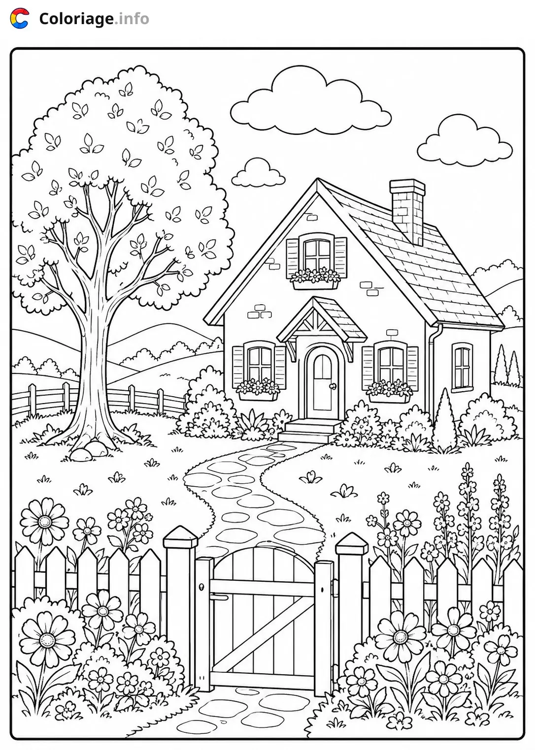 Coloriage Paysage La maison de campagne fleurie - Paysage à imprimer