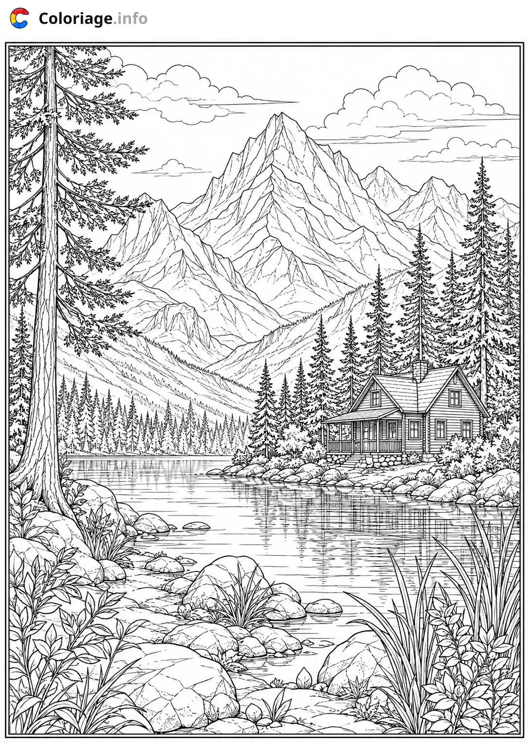 Coloriage Paysage Maison au bord du lac montagneux - Paysage à imprimer