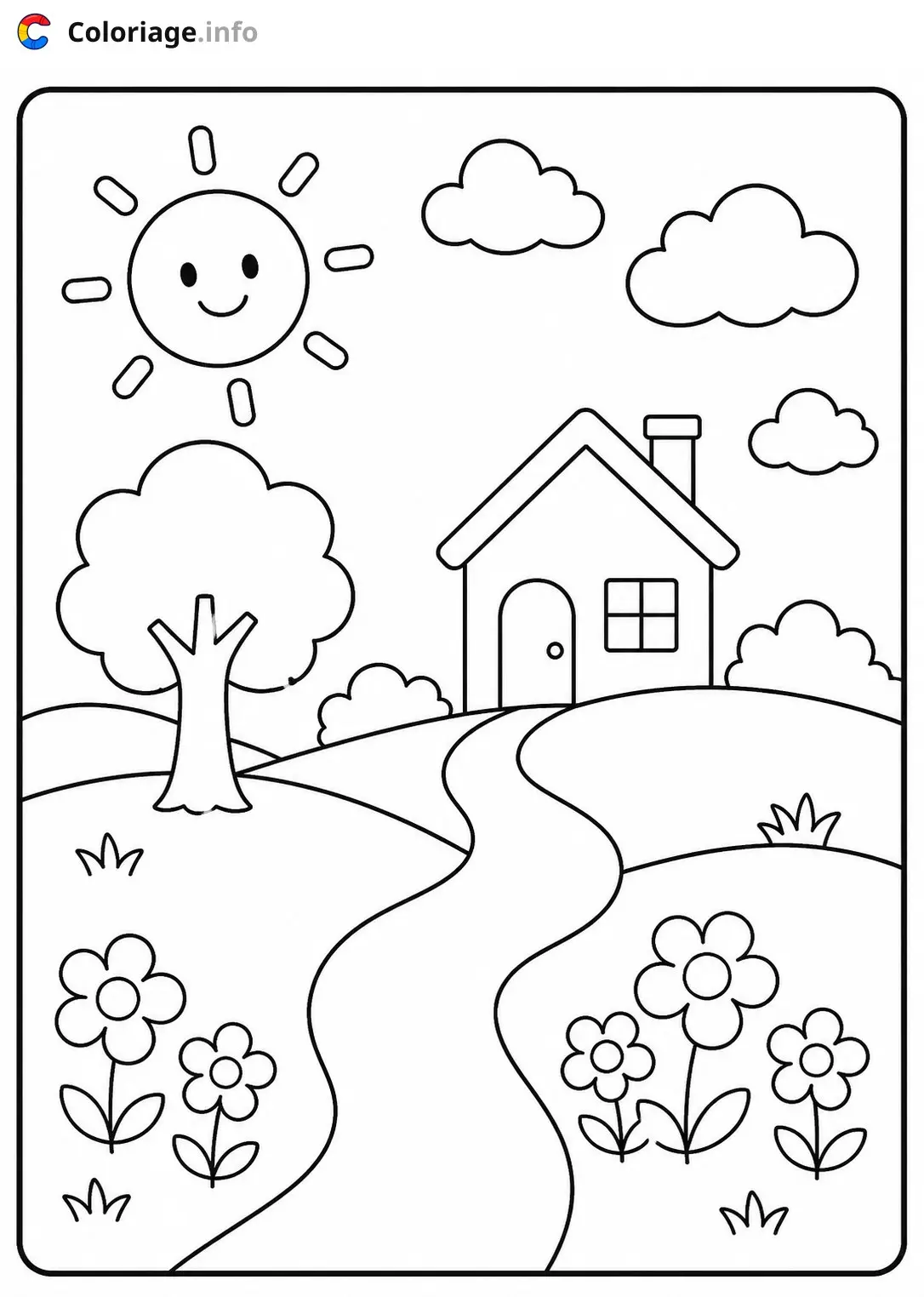 Coloriage Paysage Maison dans la campagne ensoleillée - Paysage à imprimer