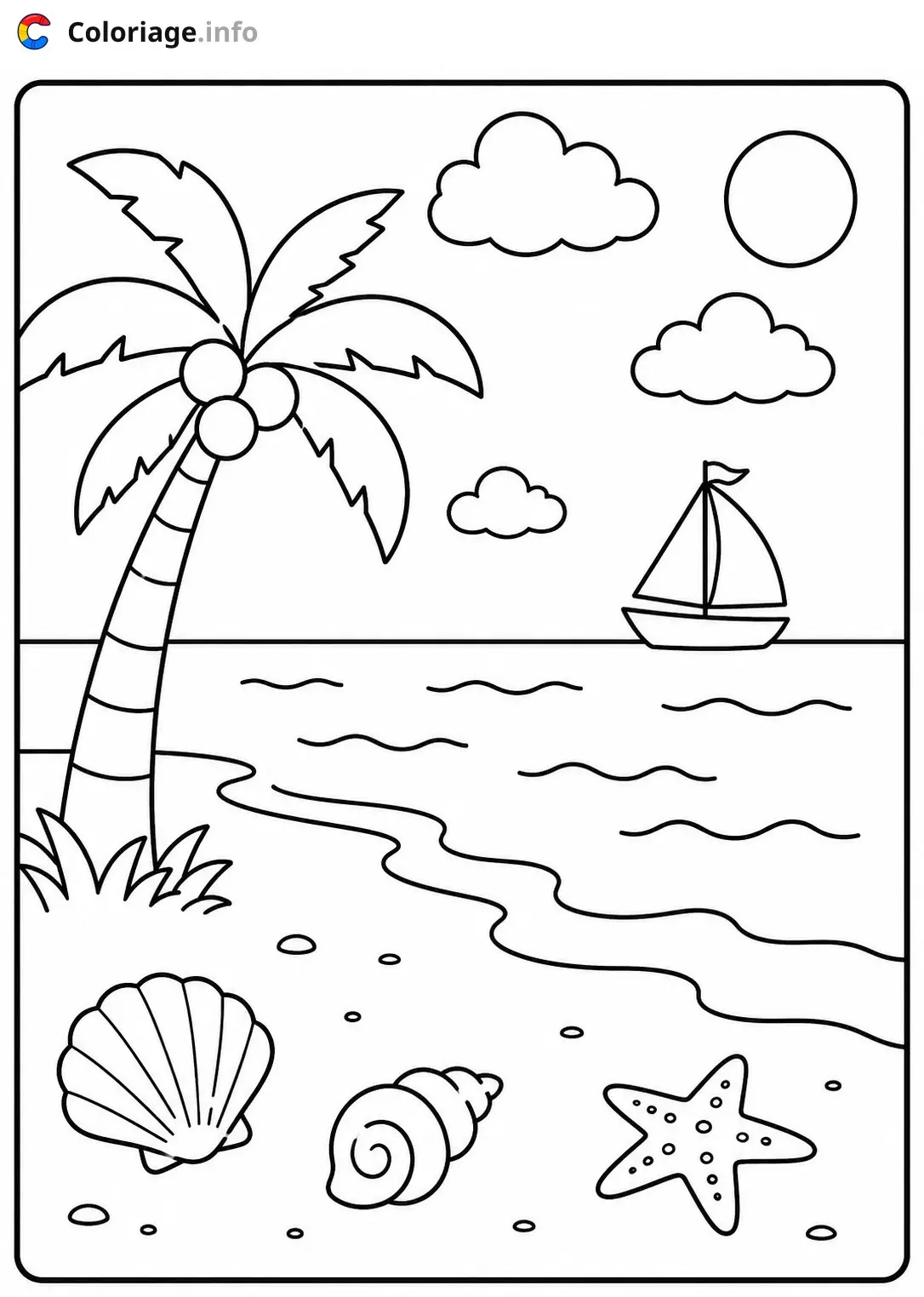 Coloriage Paysage Plage tropicale avec palmier et bateau - Paysage à imprimer