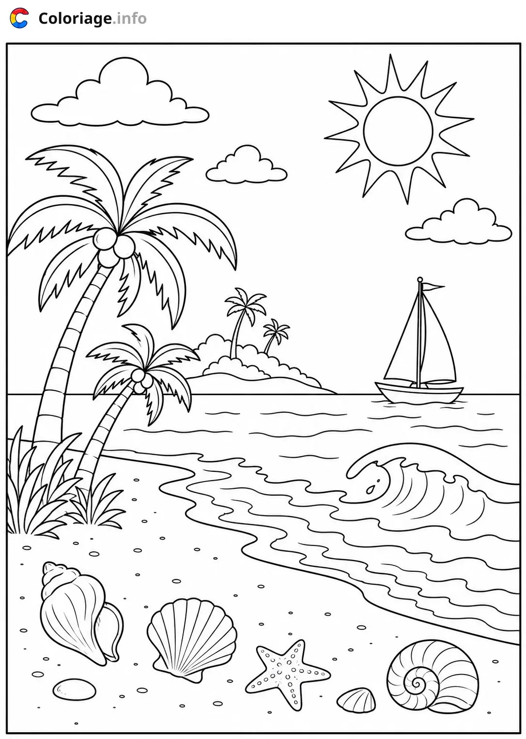Coloriage Paysage Plage tropicale avec palmiers et voilier - Paysage à imprimer