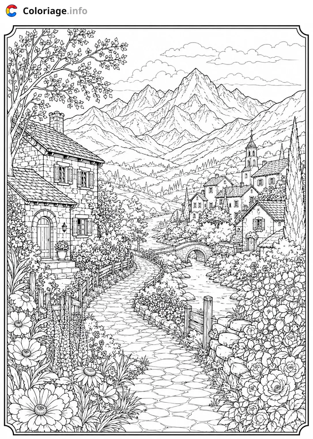 Coloriage Paysage Village alpin dans la vallée - Paysage à imprimer
