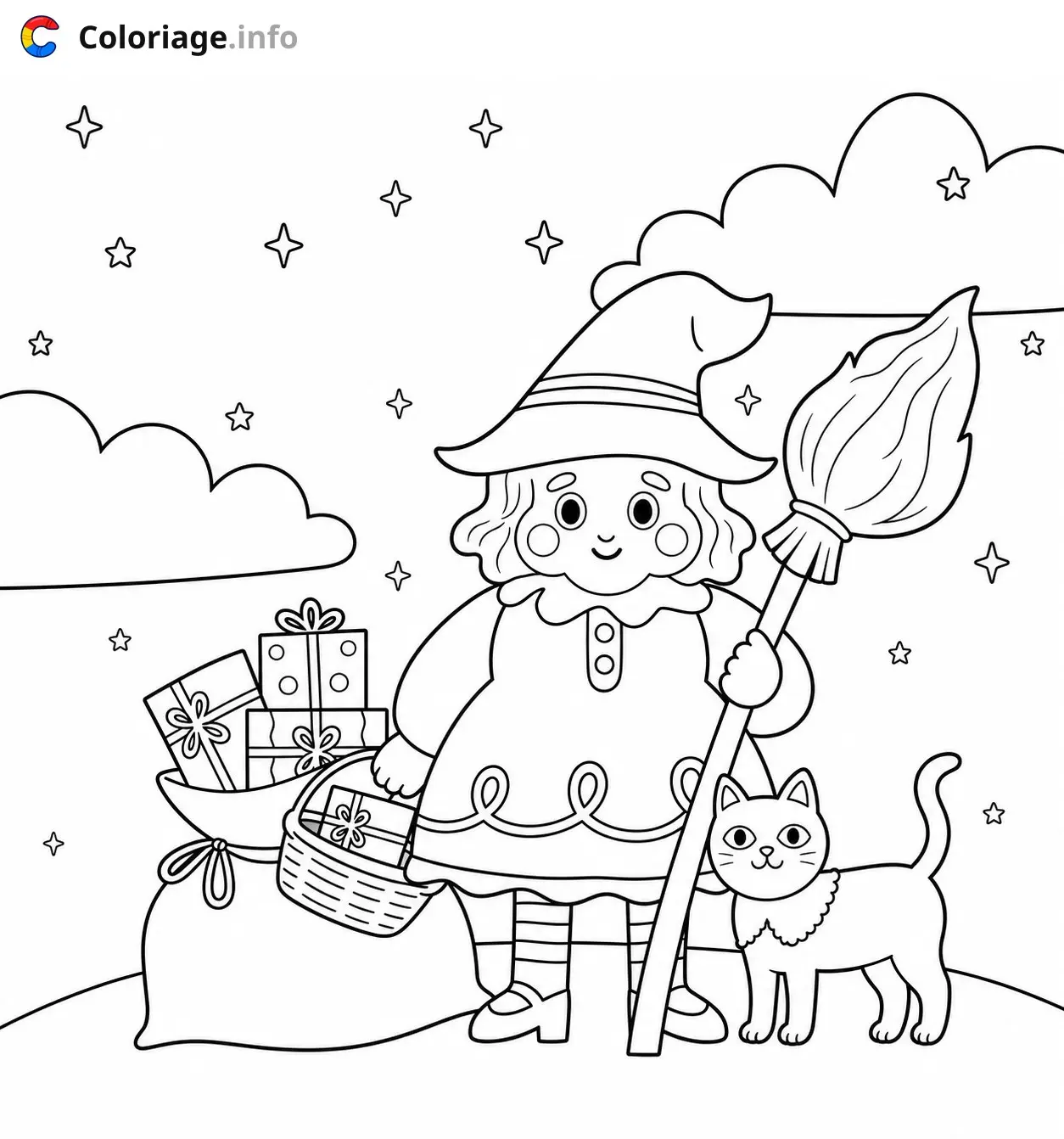 Coloriage Sorcière magique avec son chat La Befana - La Befana à imprimer