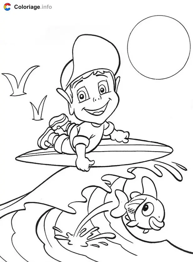 Coloriage Un garçon fait du surf sur la mer à imprimer