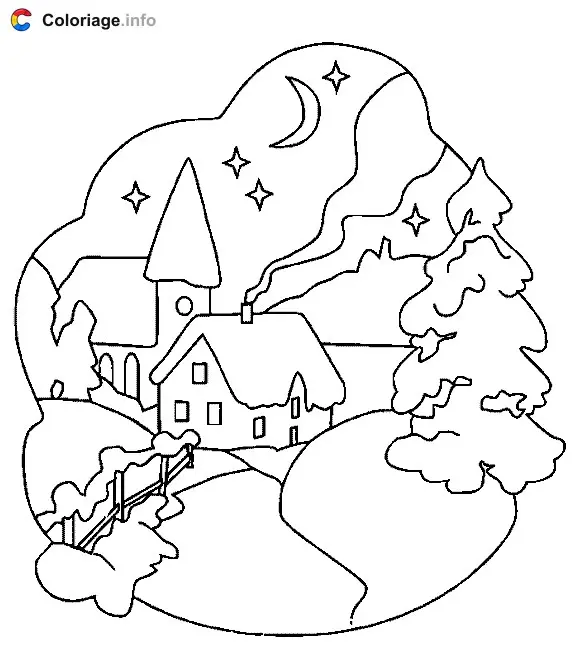 Coloriage Village dans la nuit - Maison à imprimer