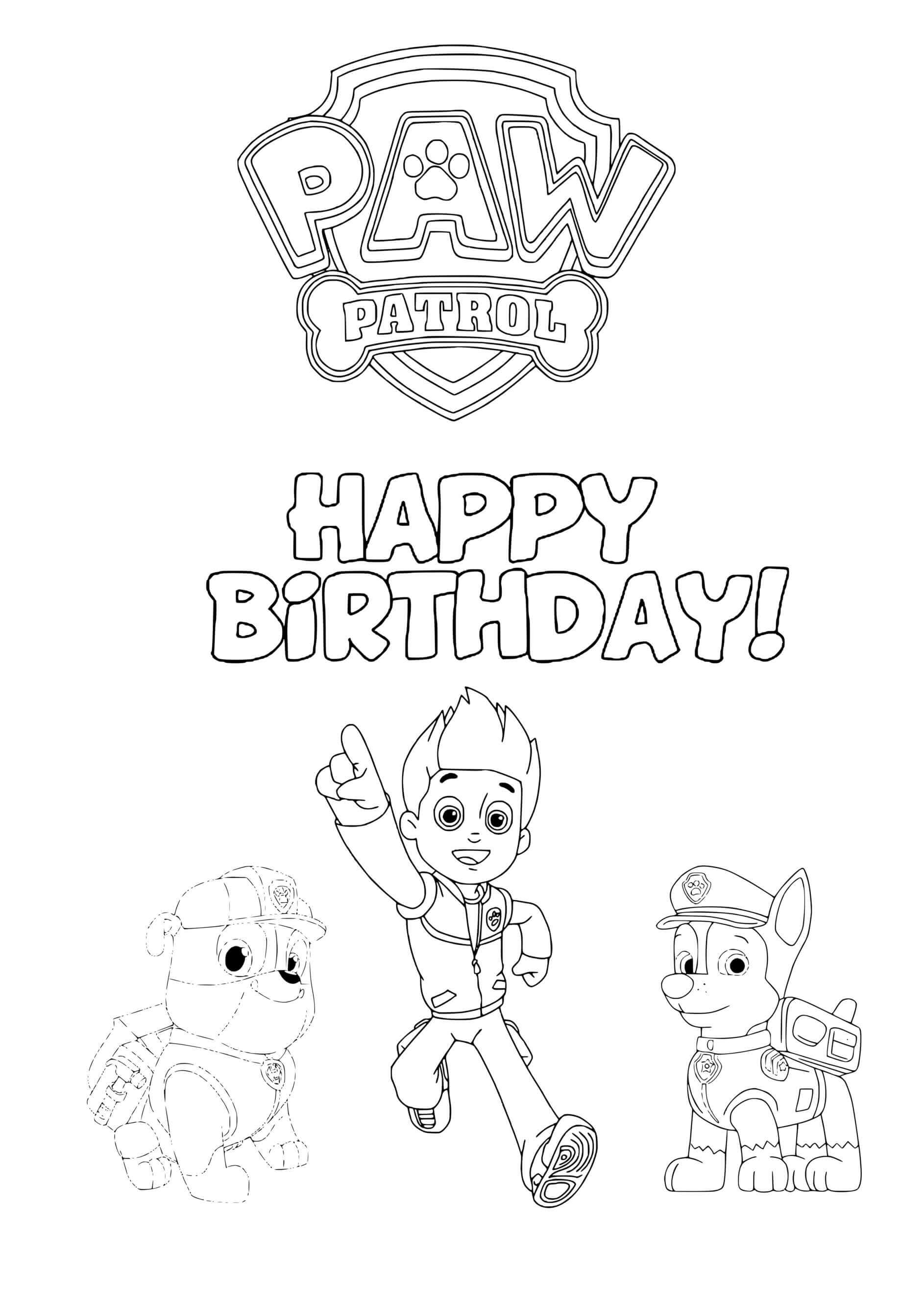 Coloriage Joyeux Anniversaire Avec Ryder Chace Et Ruben - Pat patrouille à imprimer