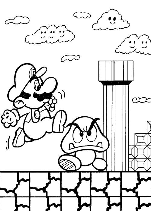 Coloriage Mario Saute Sur Un Champignon - Mario à imprimer