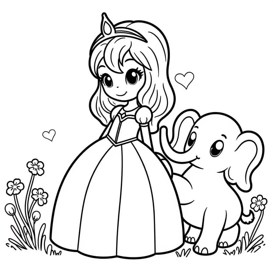 Coloriage Princesse Et Son Éléphant Ami - Princesse à imprimer