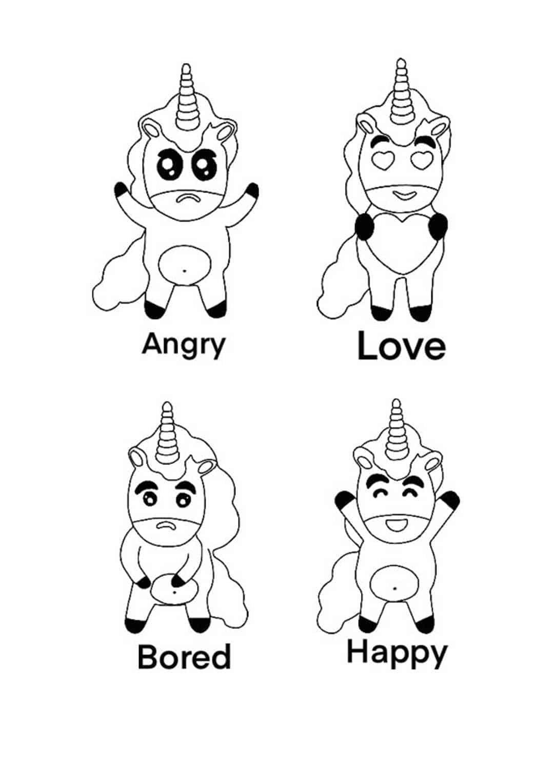 Coloriage Unicorn Emoji Angry Bored Happy Love - Licorne à imprimer