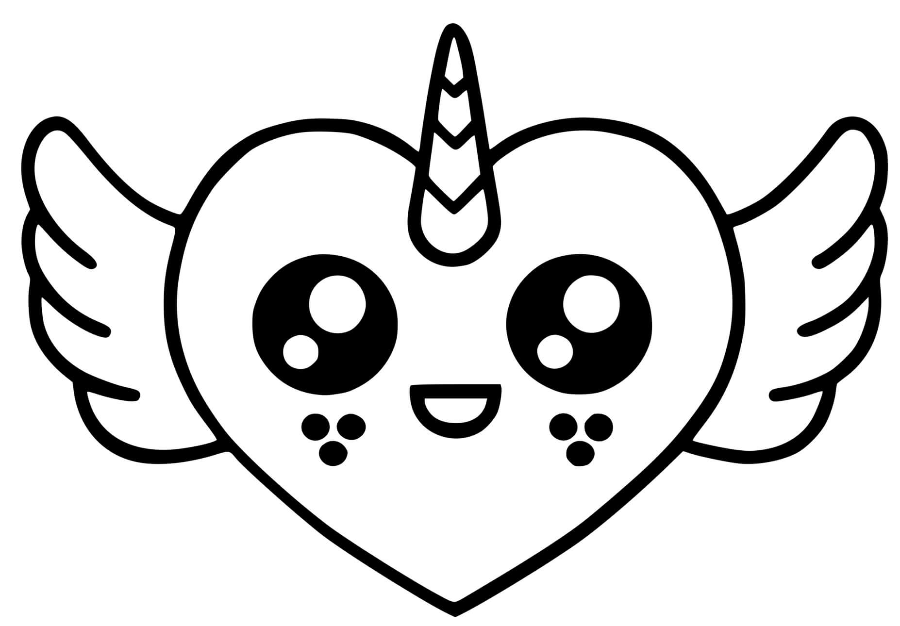 Coloriage Cœur Licorne Avec Des Ailes Kawaii - Kawaii à imprimer