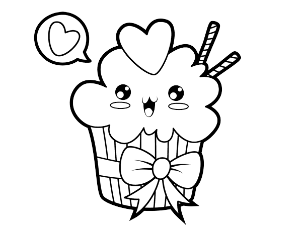 Coloriage Cupcake Kawaii Avec Boucle - Kawaii à imprimer