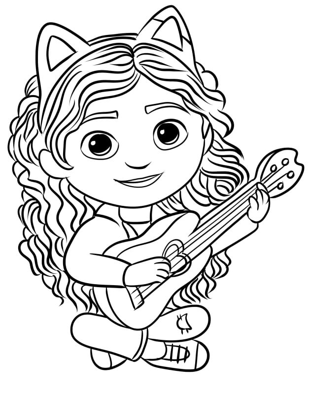 Coloriage Gabbys Dollhouse Avec Sa Guitare - Gabby chat à imprimer