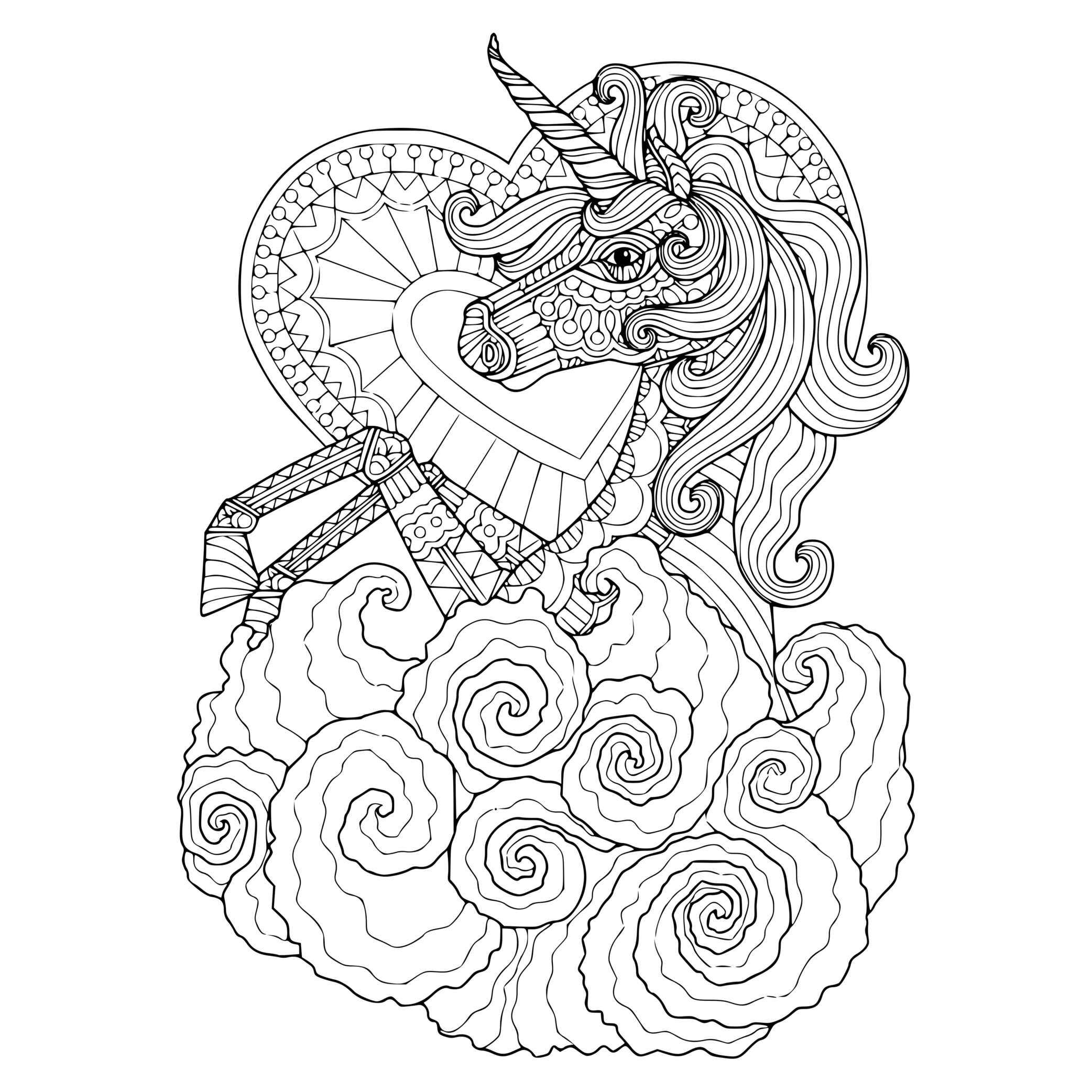 Coloriage Licorne Mandala Cœur Zentangle Pour Adulte - Licorne à imprimer