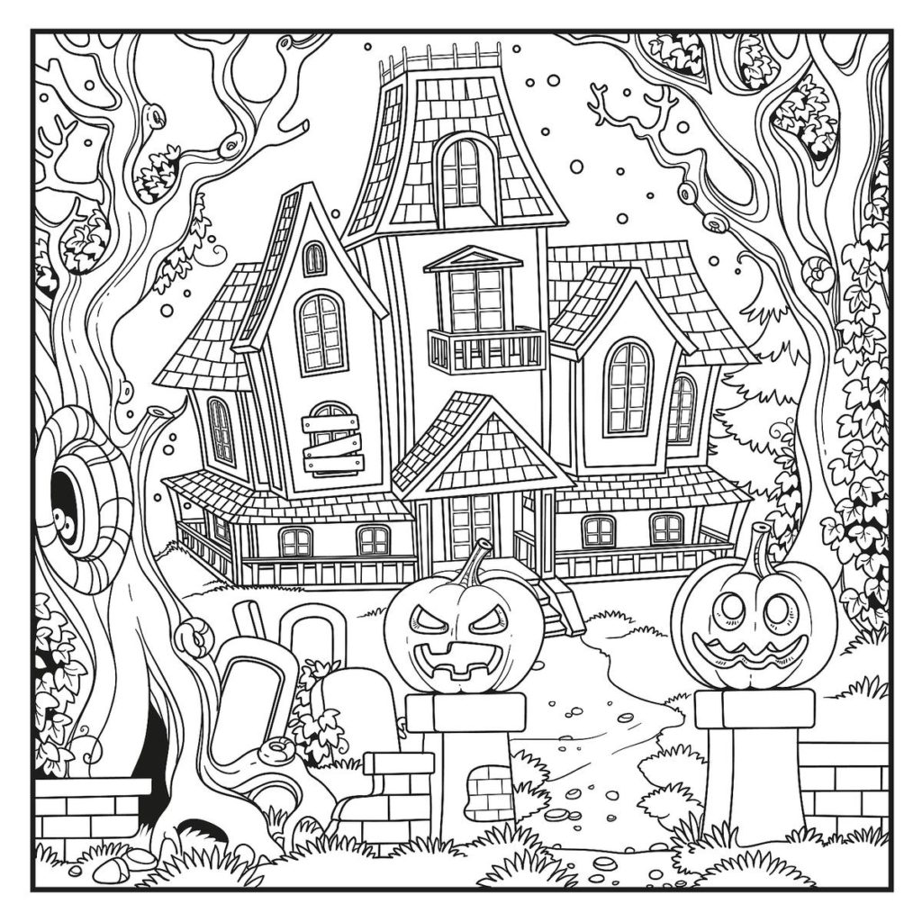 Coloriage Maison Hantée Avec Des Citrouilles Epeurantes - Halloween à imprimer
