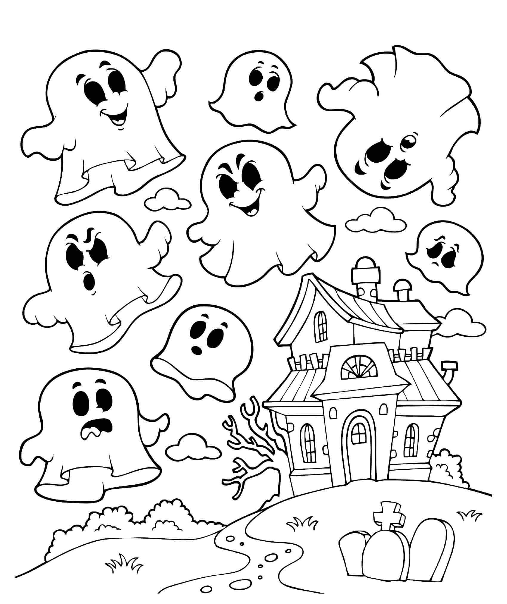 Coloriage Maison Hantée Avec Des Fantômes - Halloween à imprimer