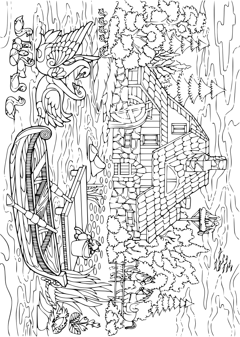 Coloriage Paysage Rural Lac Vegetations Animaux Maison - Adulte à imprimer