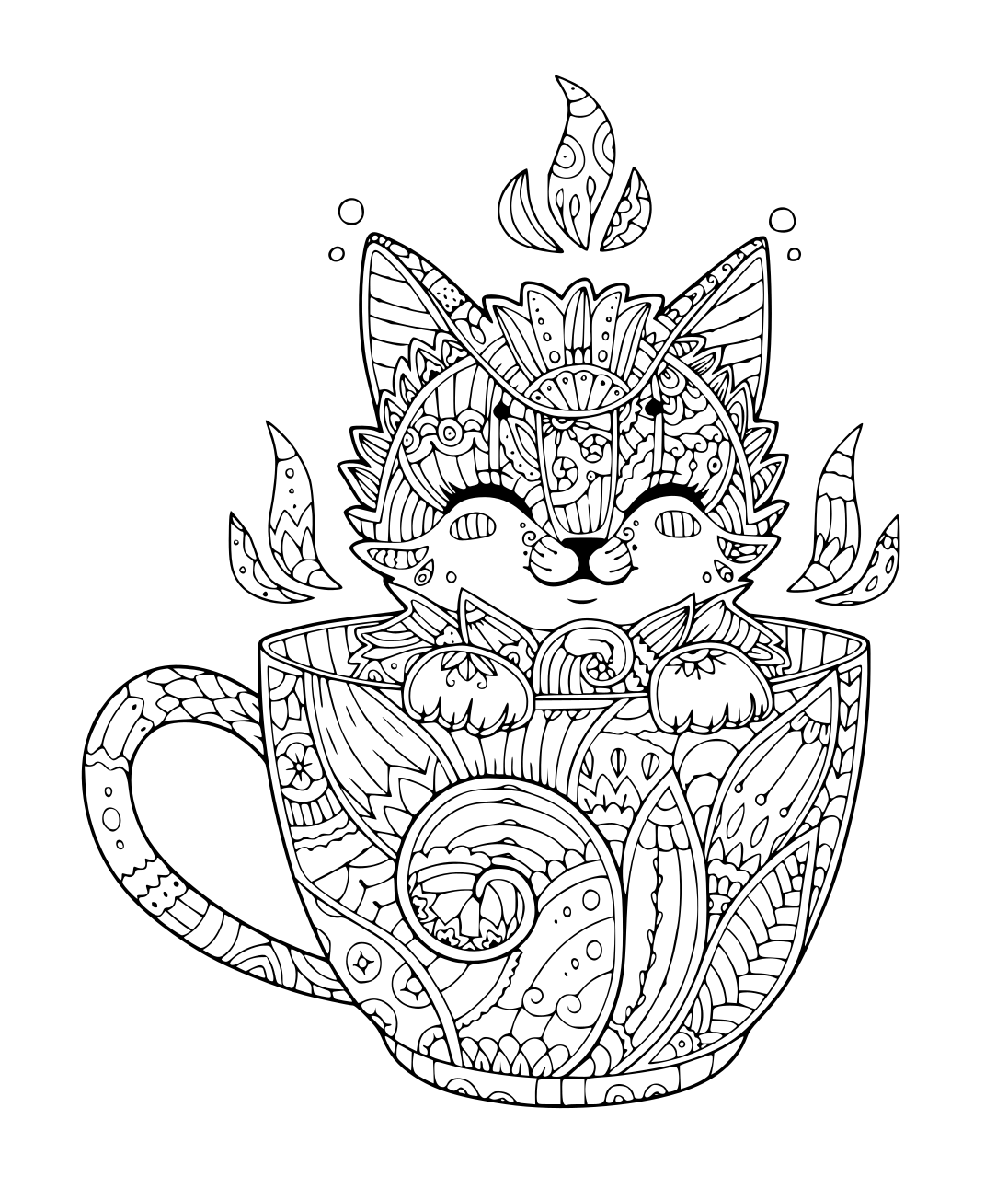 Coloriage Petit Chaton Dans Tasse De Café Pour Une Detente - Adulte à imprimer