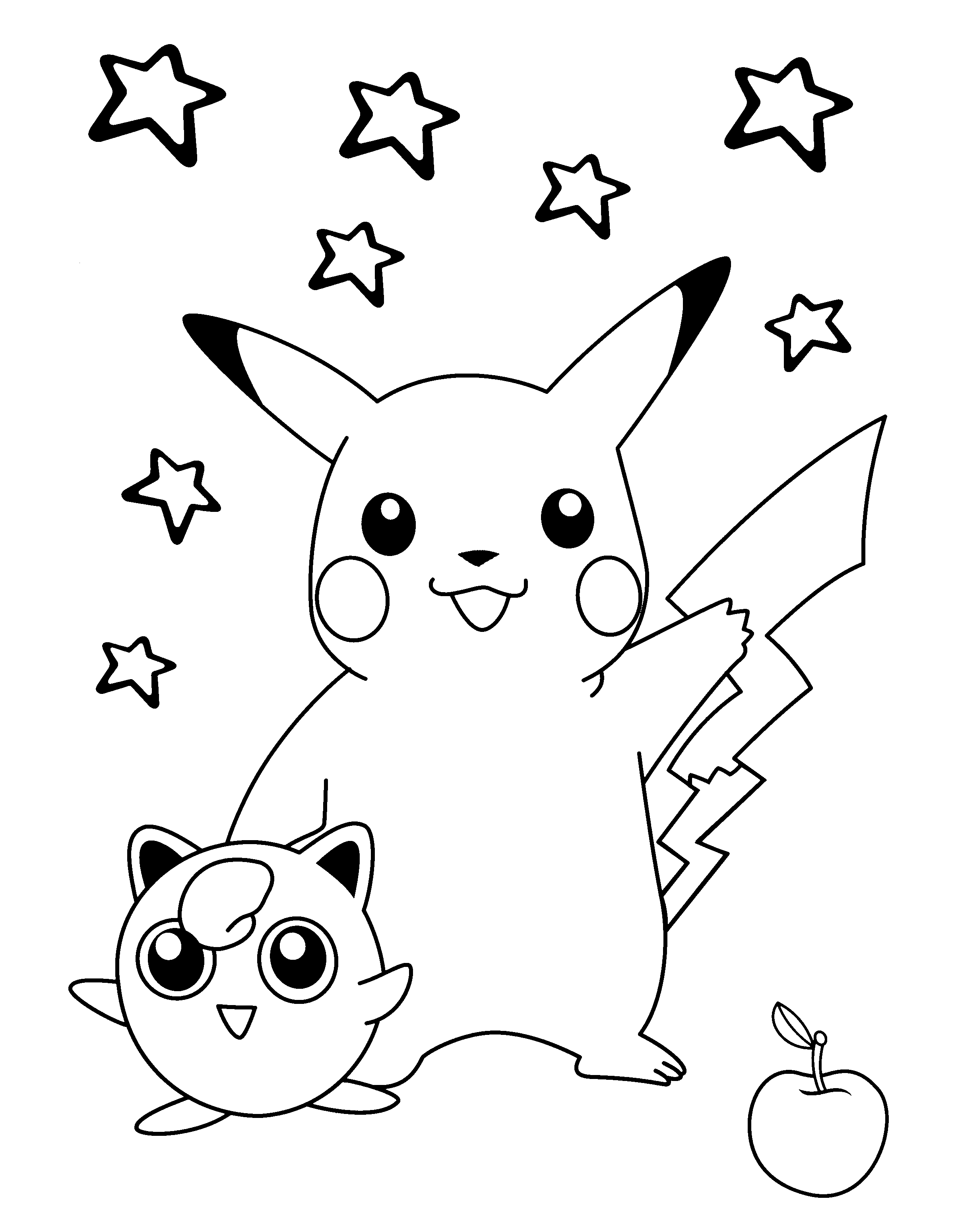 Coloriage Pokemon Pikachu Étoiles Et Pomme - Pokémon à imprimer