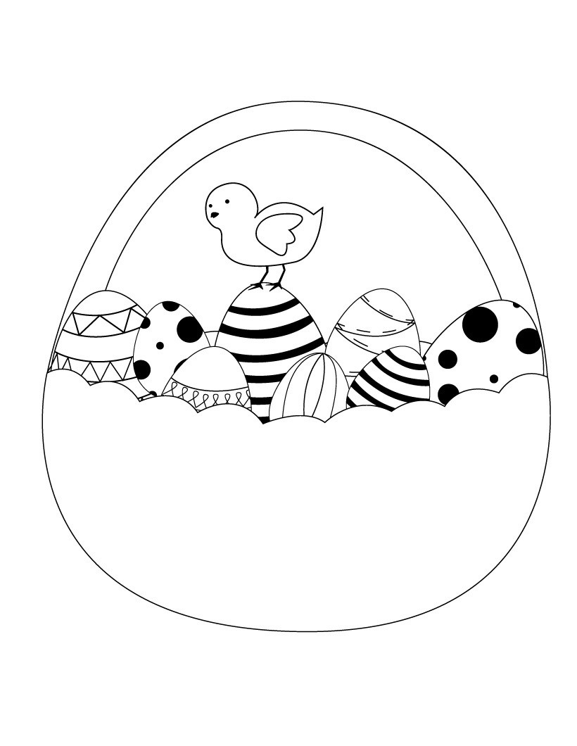 Coloriage Poule De Pâques Poussin Et Panier Œufs - Pâques à imprimer