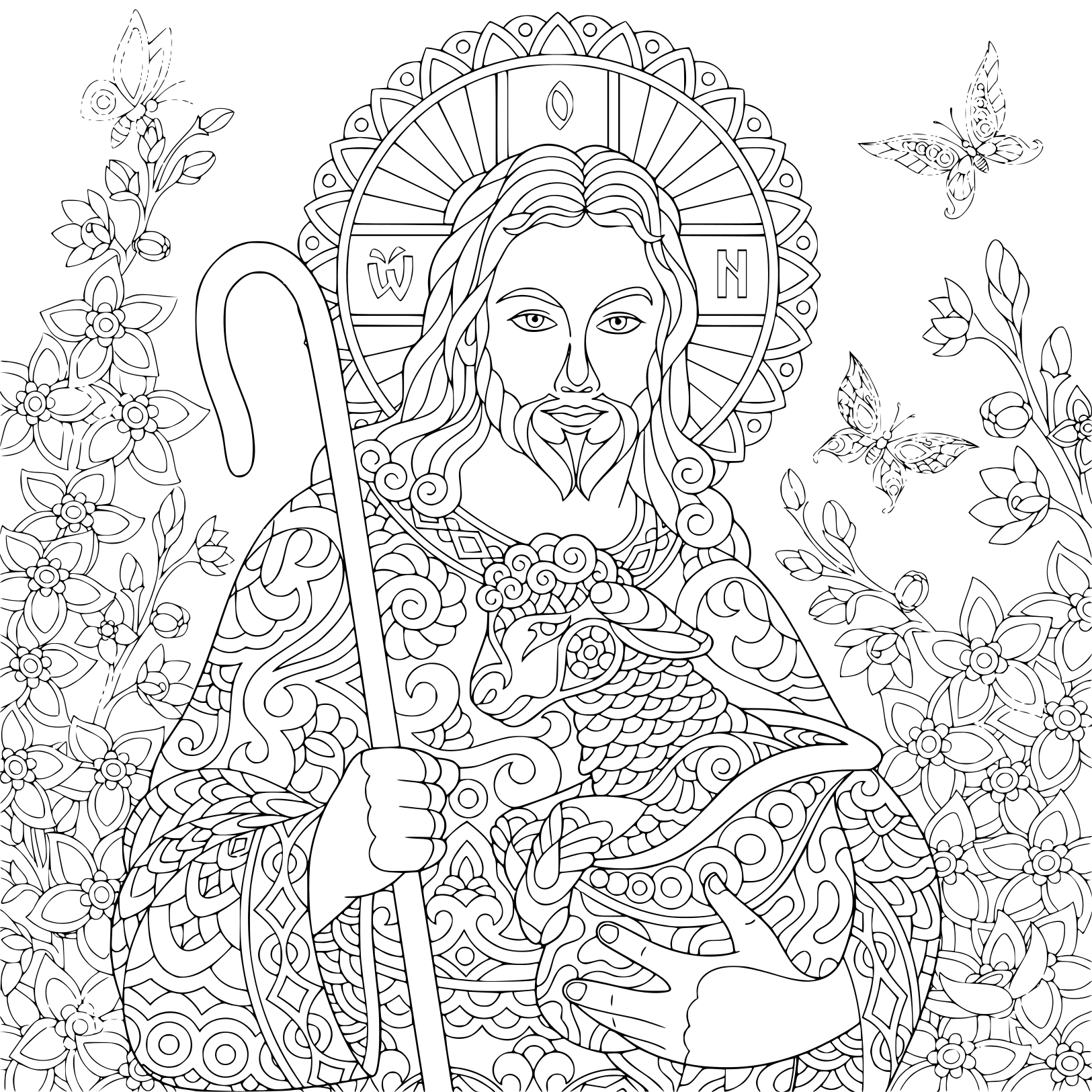 Coloriage Religieux Pâques Jesus Christ Avec Un Agneau Portrait De Christian Biblique Adulte - Pâques à imprimer