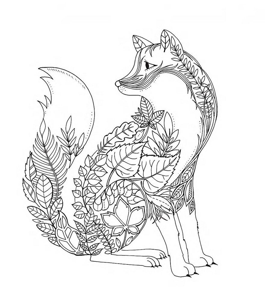 Coloriage Renard En Forme De Feuilles Et Vegetations Forêt Adulte - Adulte à imprimer