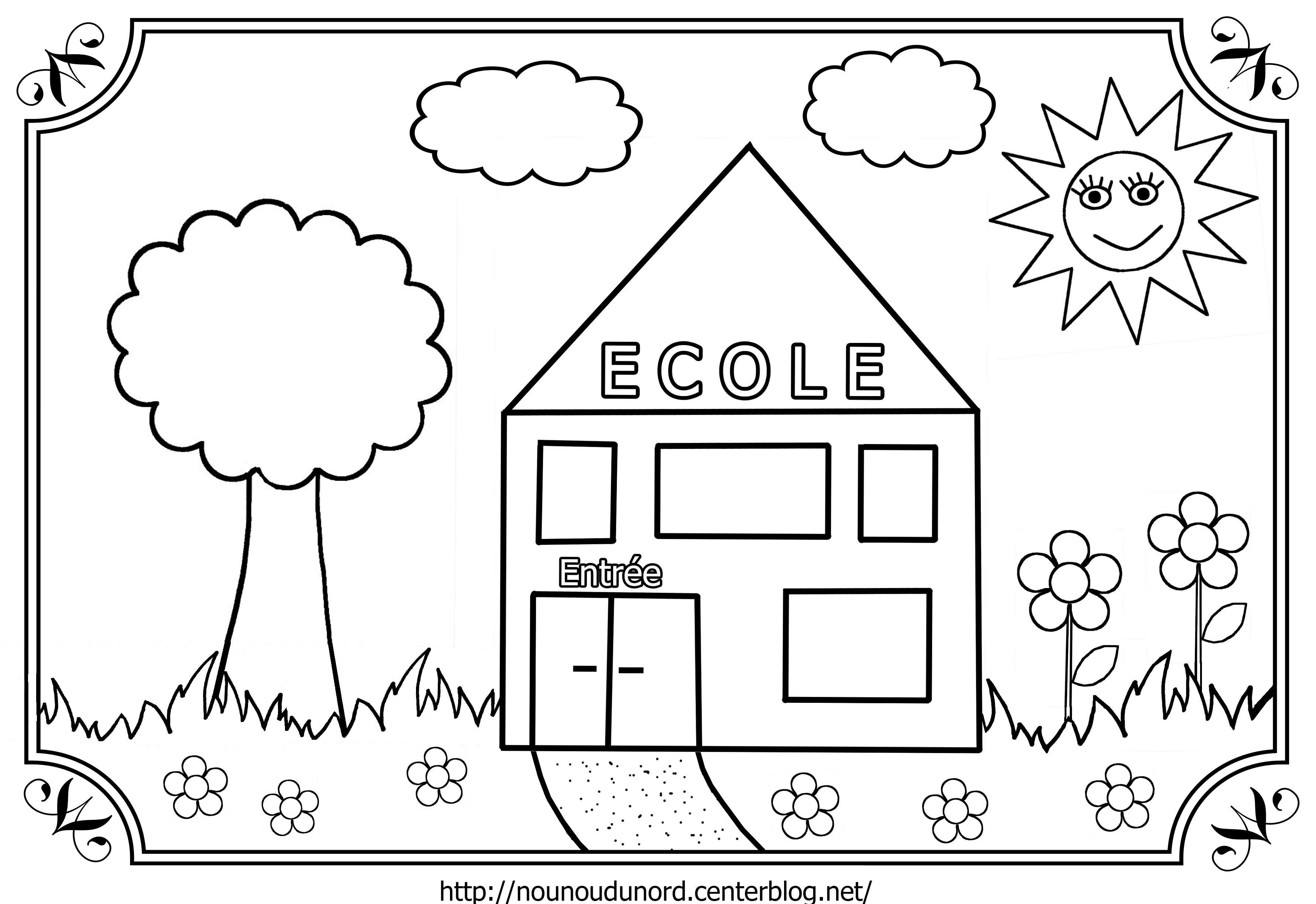 Coloriage Rentrée Maternelle École Paysage - Maternelle à imprimer