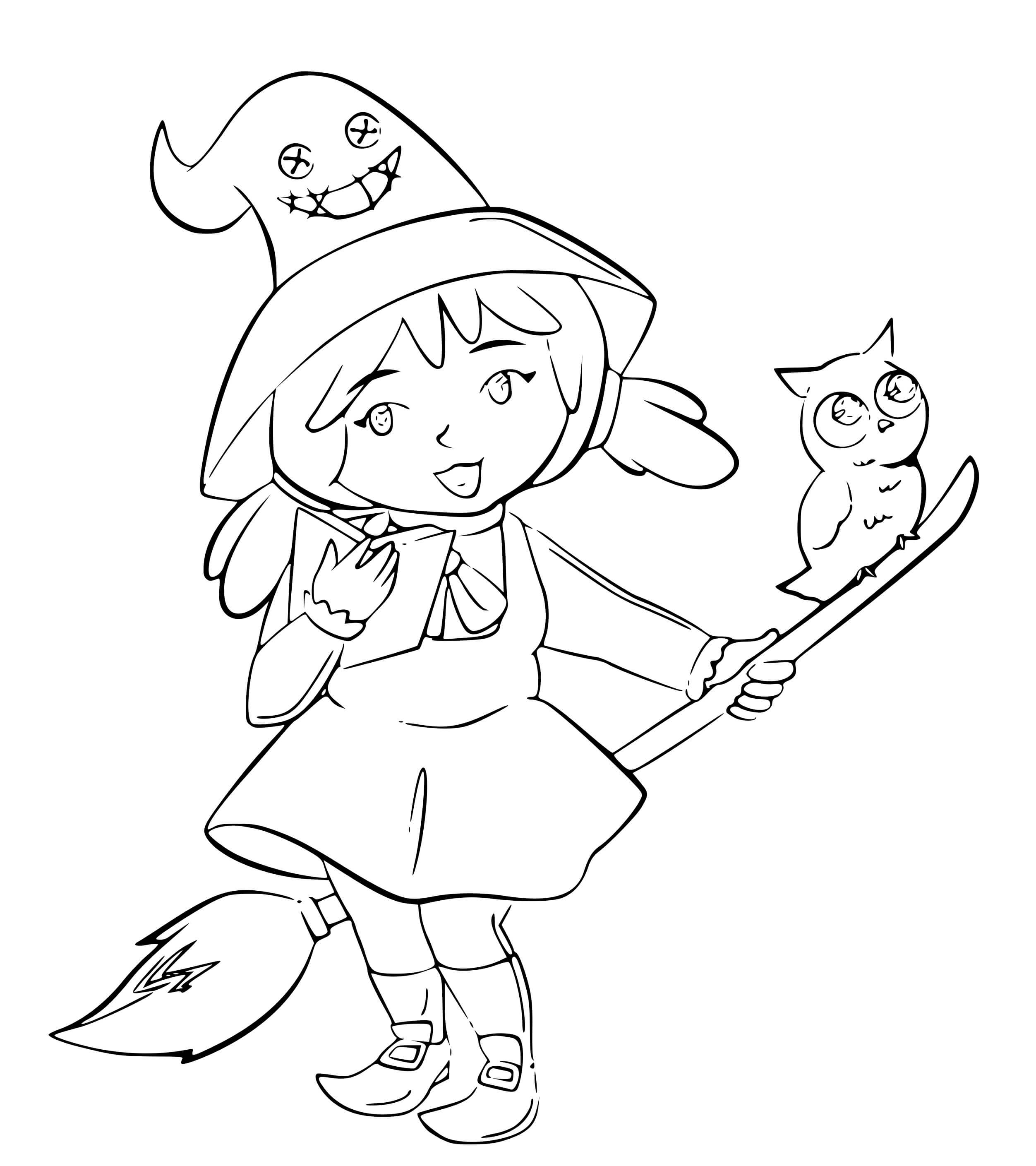 Coloriage Sorcière Qui Raconte Une Histoire Terrifiante A Son Hibou - Halloween à imprimer