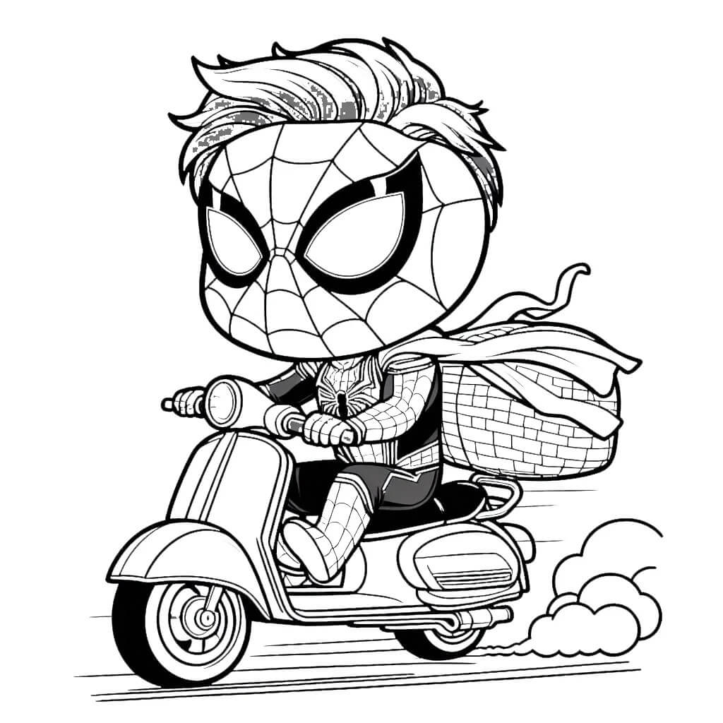 Coloriage Spiderman Avec Cheveux Sur Scooter - Spider-Man à imprimer