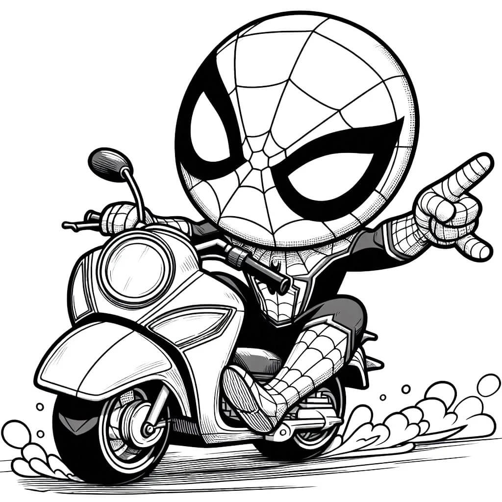 Coloriage Spiderman Sur Scooter Pointant Du Doigt - Spider-Man à imprimer