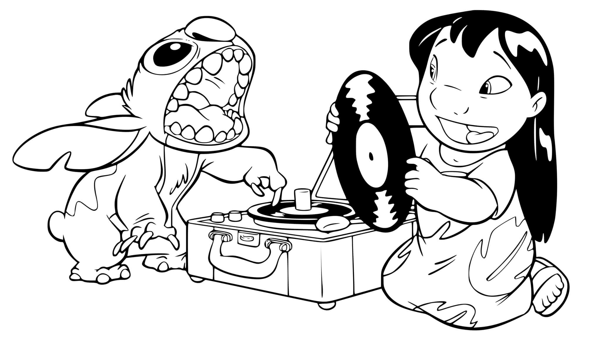 Coloriage Stitch Et Lilo Ecoute De La Musique - Stitch à imprimer