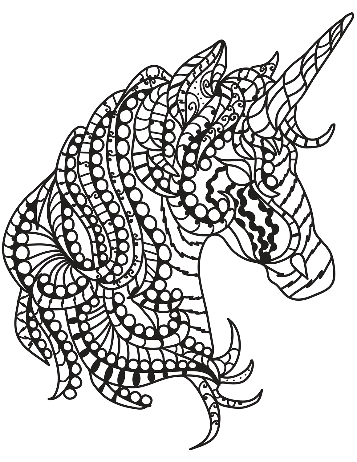 Coloriage Tête de Licorne Zentangle avec Motifs Géométriques - Licorne à imprimer