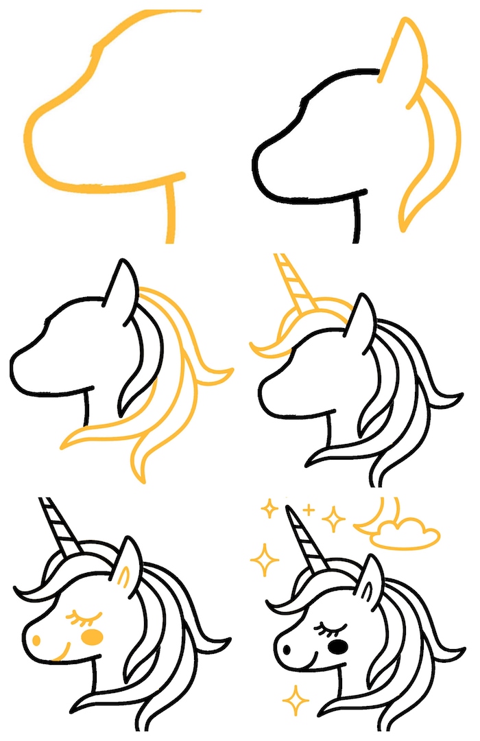Coloriage Tête de Licorne Kawaii aux Étoiles - Licorne à imprimer