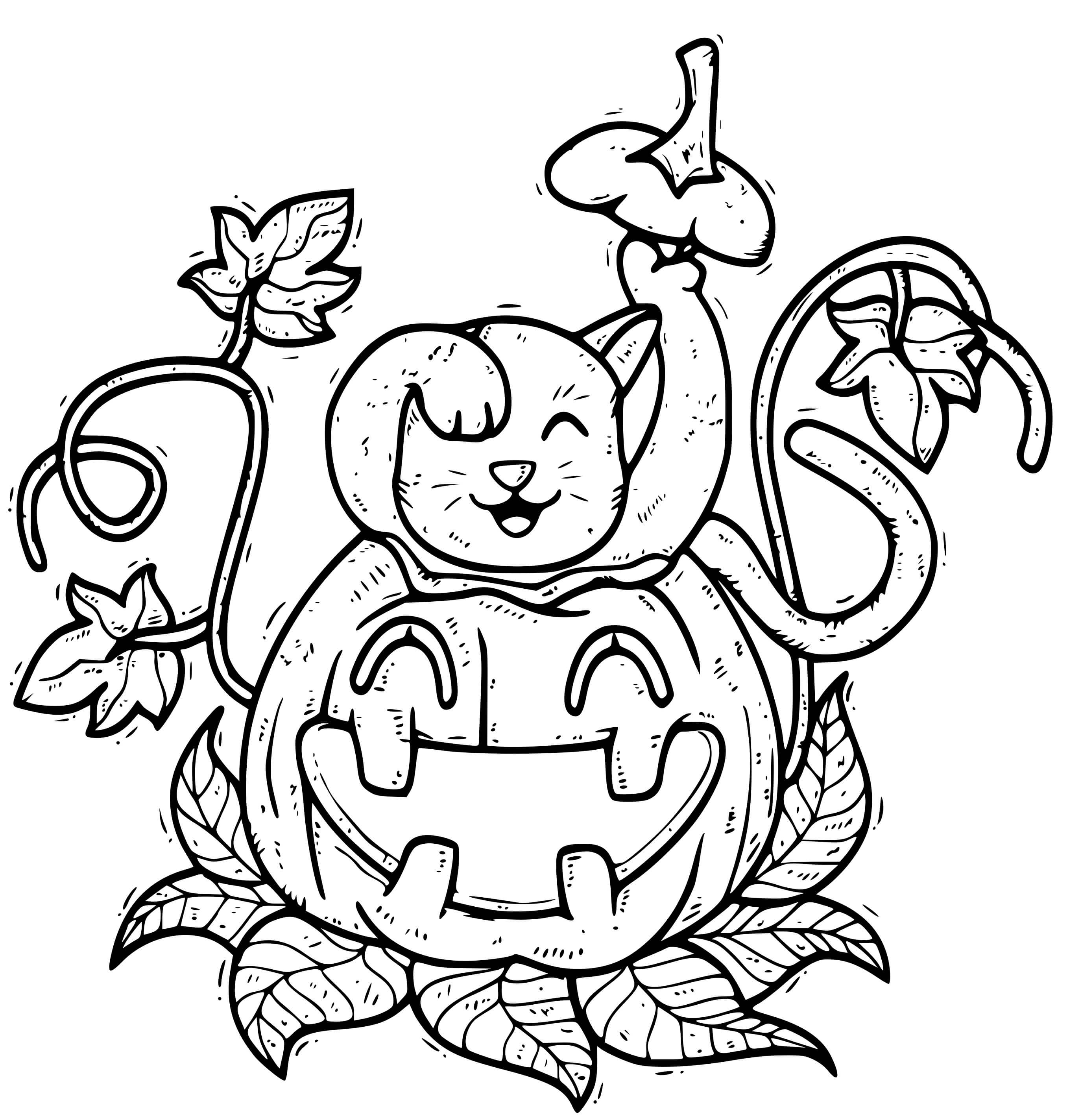 Coloriage Un Chat Se Retrouve Dans Une Citrouille - Halloween à imprimer