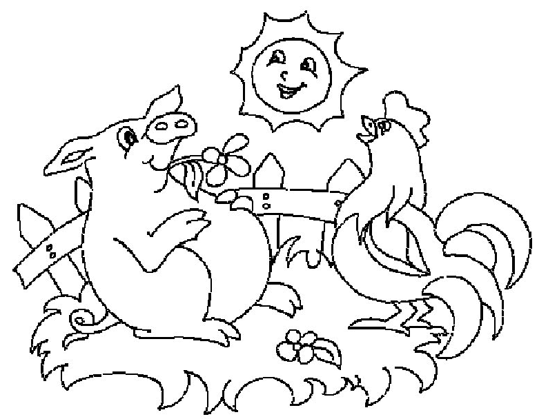 Coloriage Un Cochon Un Coq Et Le Soleil - Animaux à imprimer