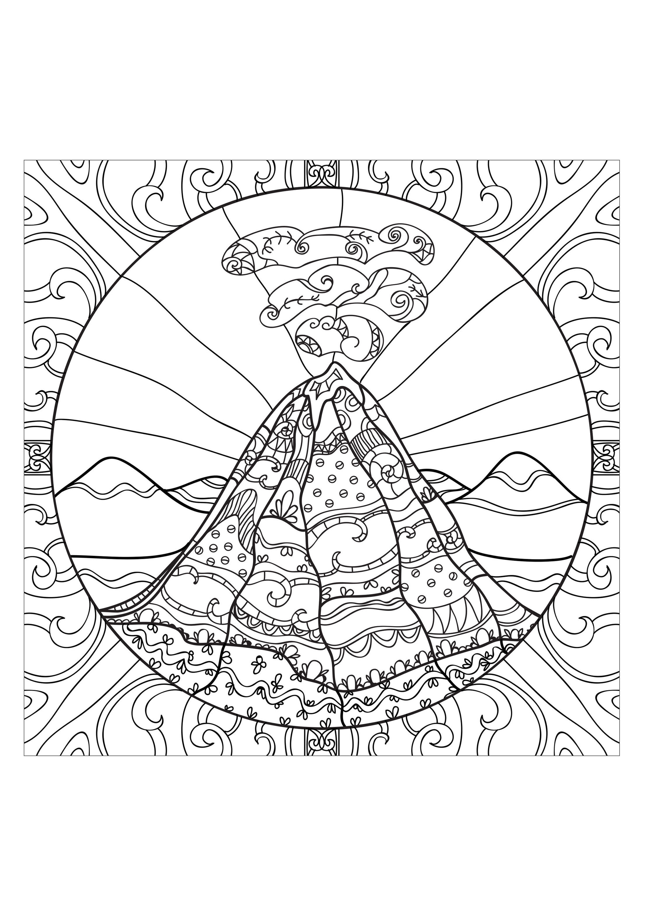 Coloriage Volcan en éruption coloriage anti-stress - Adulte à imprimer