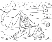 Coloriage camping fille chauffe des guimauves ete vacance