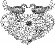 Coloriage deux oiseaux amoureux coeur fleurs